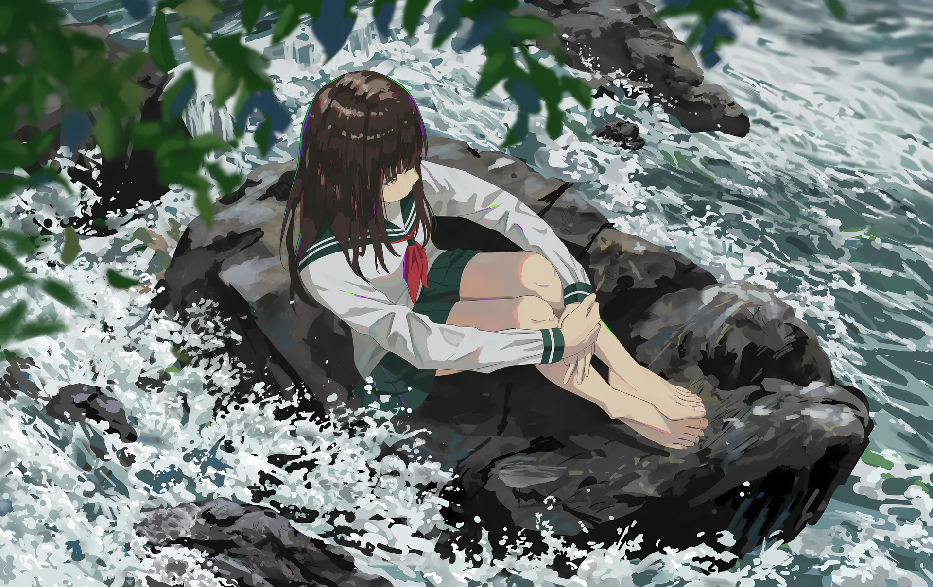 anime girls · sitting · looking away · trees