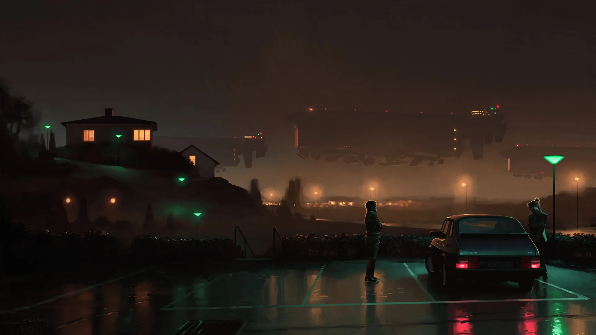 Simon Stålenhag · night · car · men