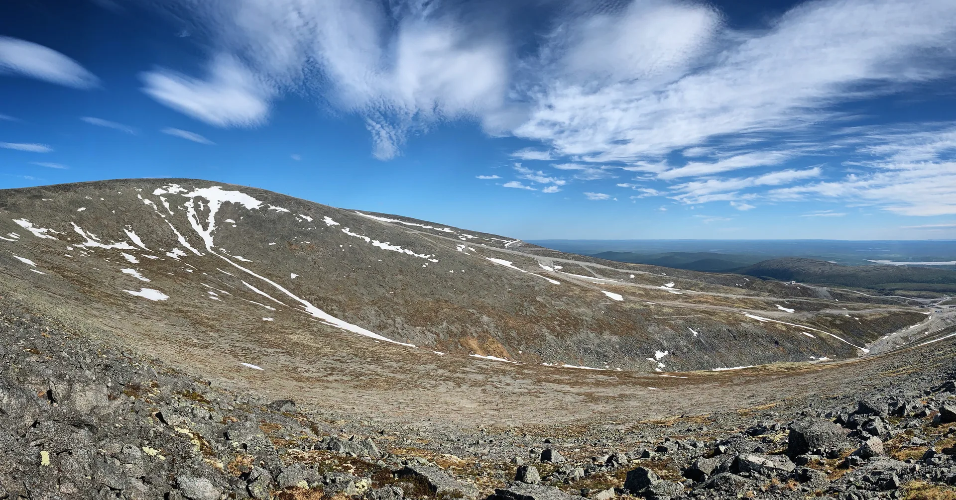 Snow covered mountains near Kirovsk, Russia, June 2019