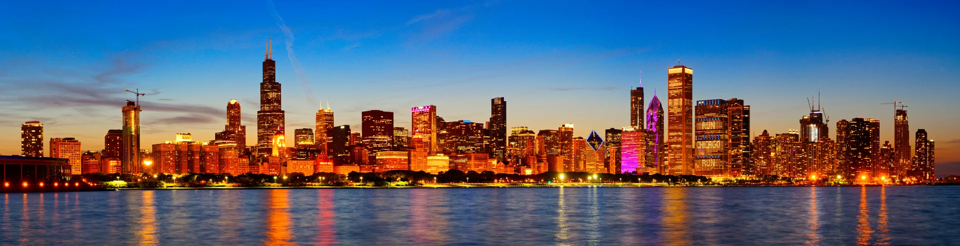 Chicago Skyline - view from Alder Planetarium at sunset, Illinois, USA