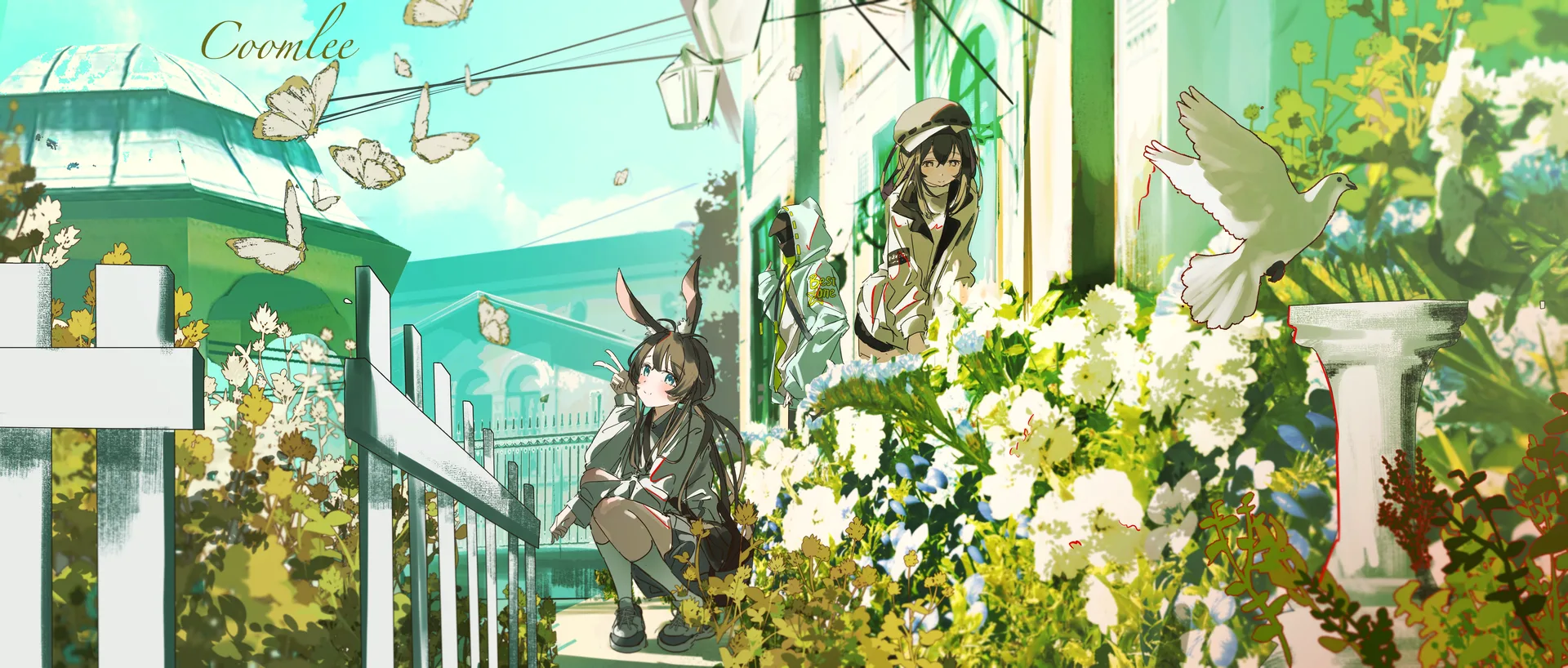 Amiya (Arknights) · flowers · Doctor (Arknights) · railing