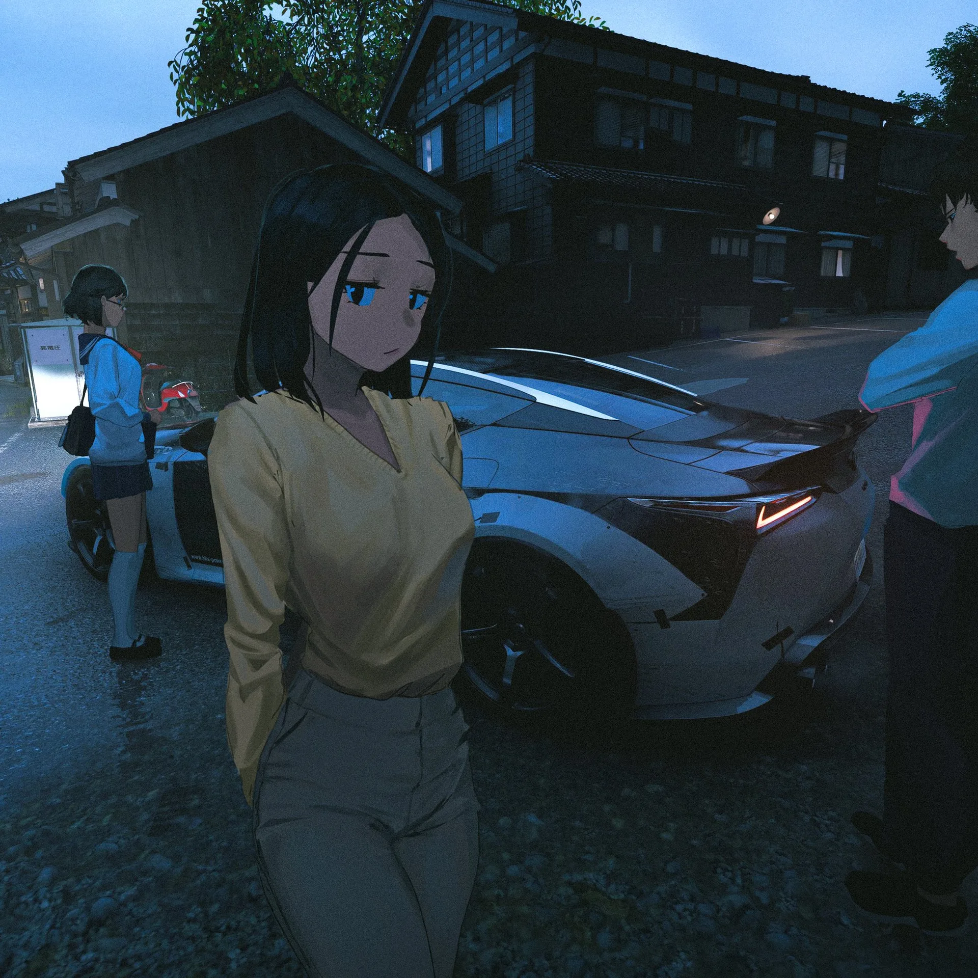 anime girls · anime boys · rain · looking at viewer