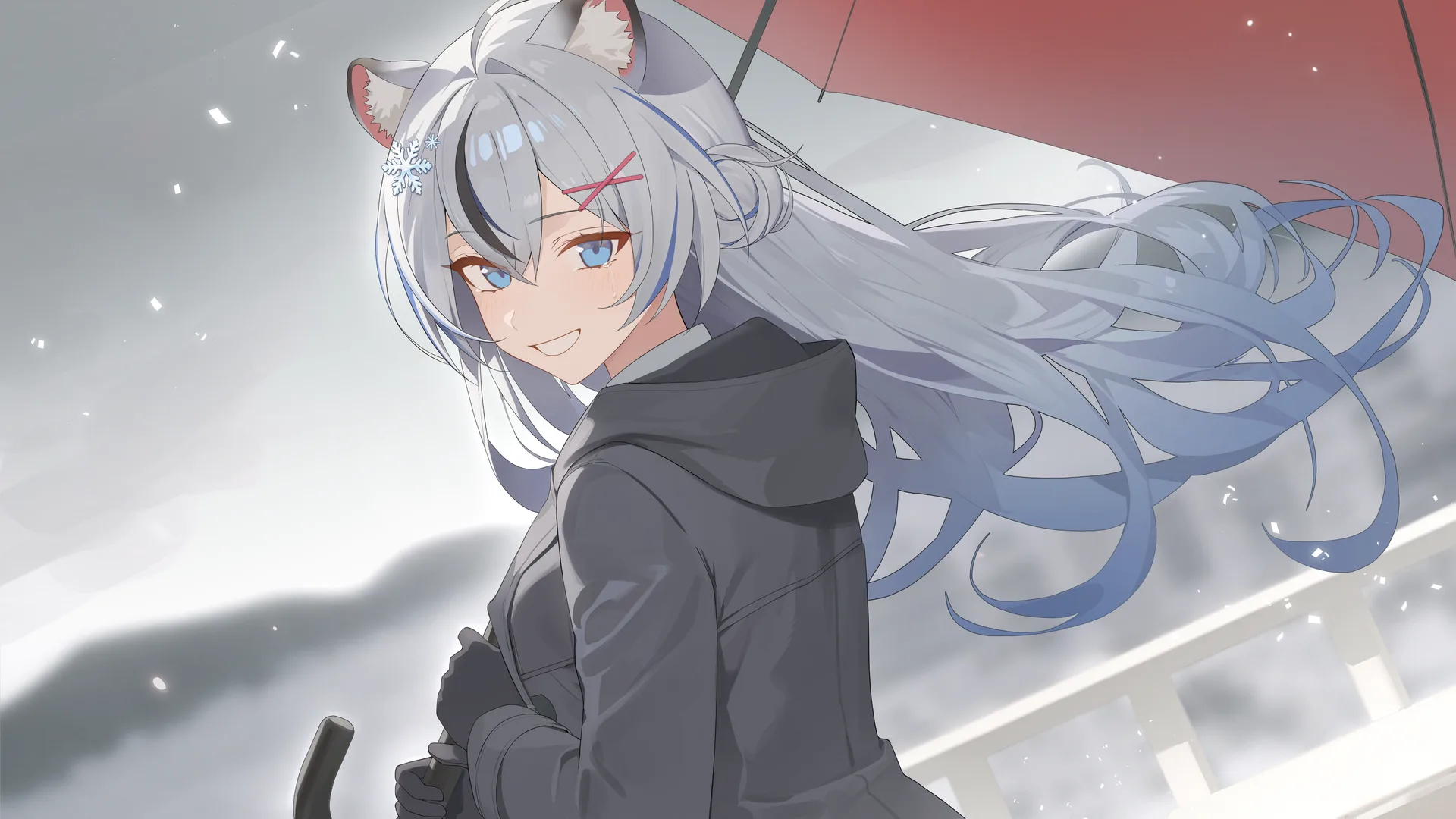 honshin01 · anime girls · umbrella · blue eyes