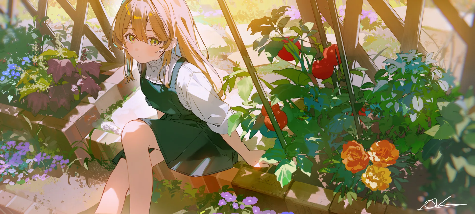 anime girls · rolled sleeves · hair between eyes · flowers
