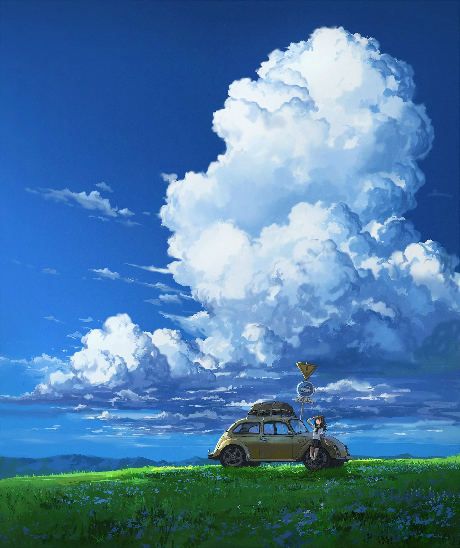 anime girls · yellow cars · portrait display · cumulus