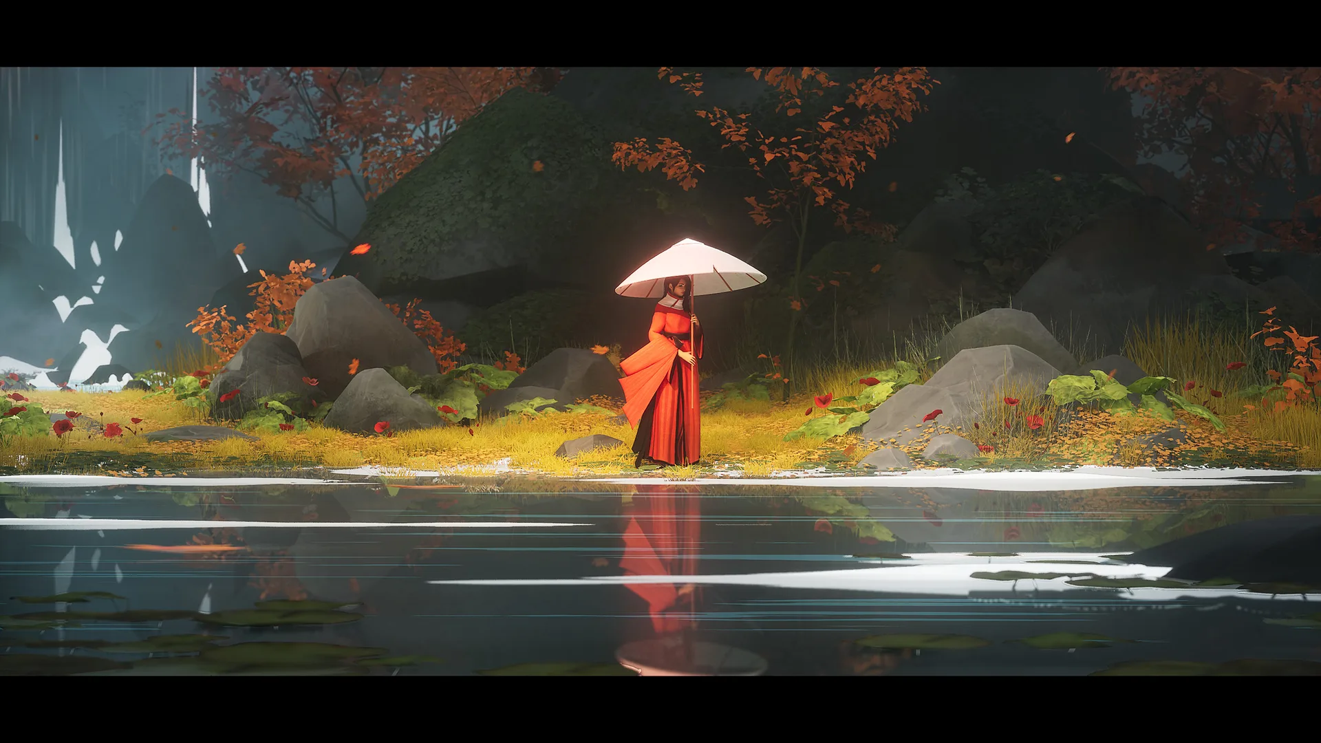 ArtStation · kimono · red kimono · lake