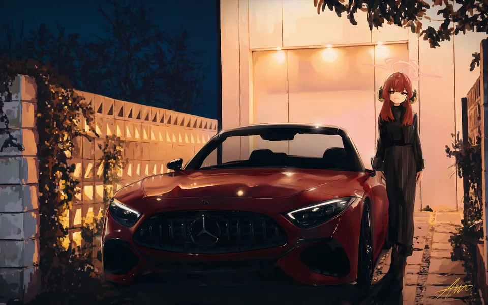 anime girls · car · night · redhead