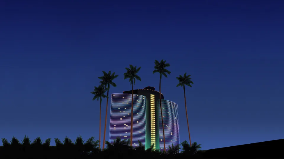 goldn_arts · palm trees · hotel · blue background