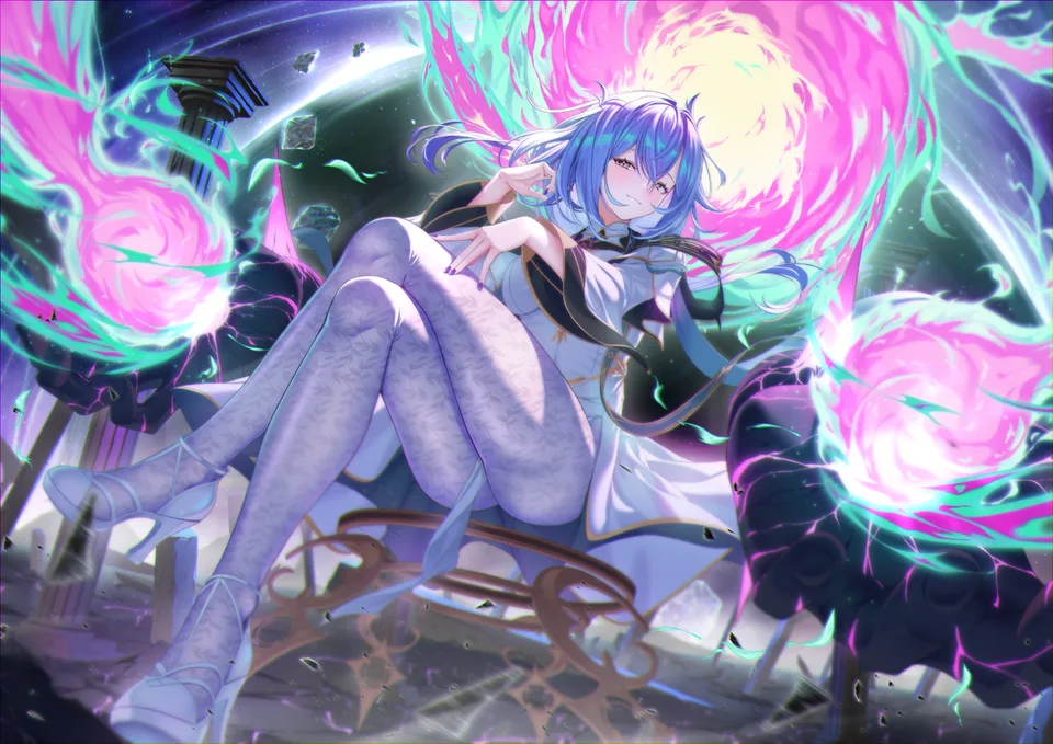 anime girls · blue hair · looking at viewer · sitting