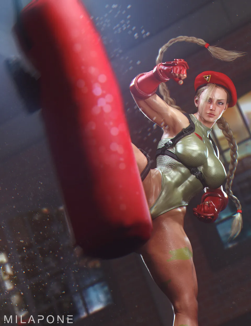 Cammy White · berets · punching bag · muscles