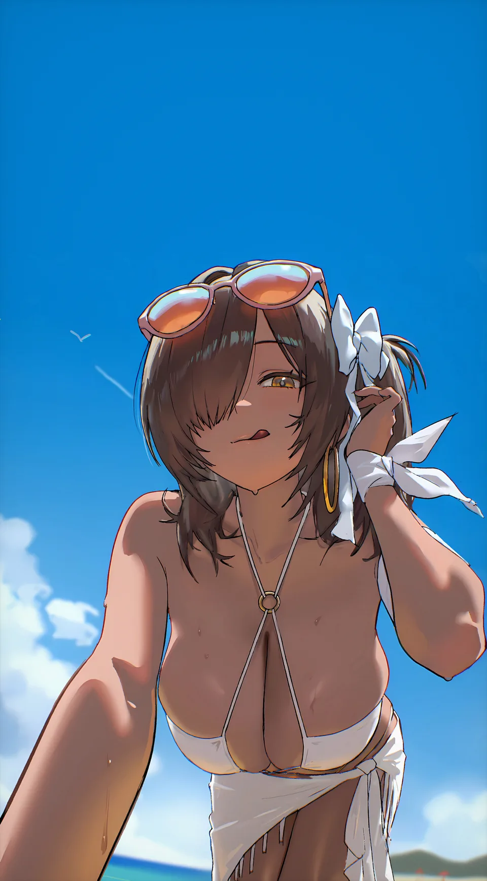anime girls · tongue out · beach · sunlight