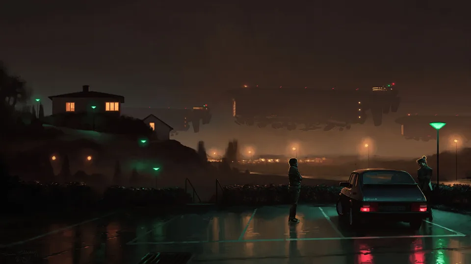 Simon Stålenhag · night · car · men