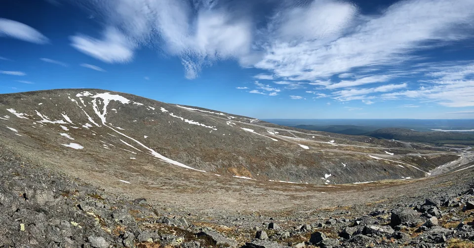 Snow covered mountains near Kirovsk, Russia, June 2019