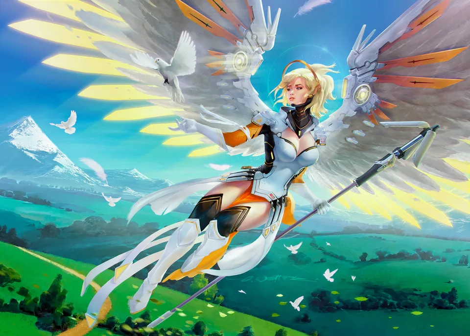 Mercy (Overwatch) · wings · mountains · dove
