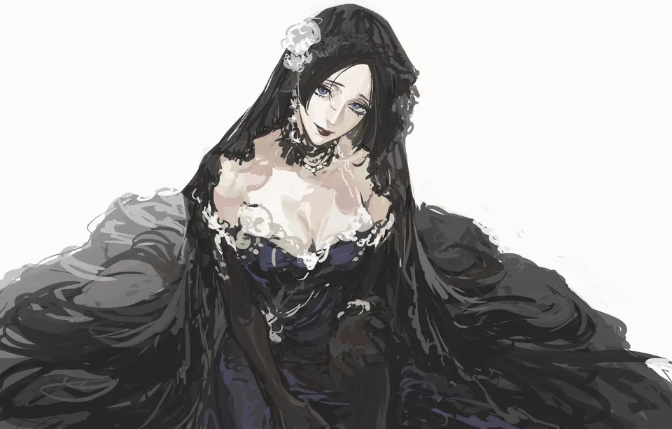 female character · sitting · black dress · cleavage