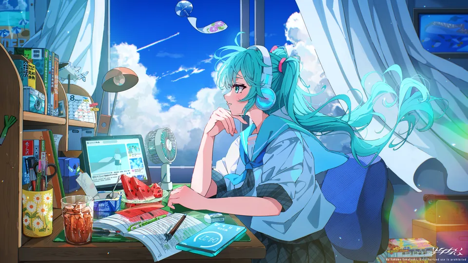 Vocaloid · Hatsune Miku · looking sideways · sitting
