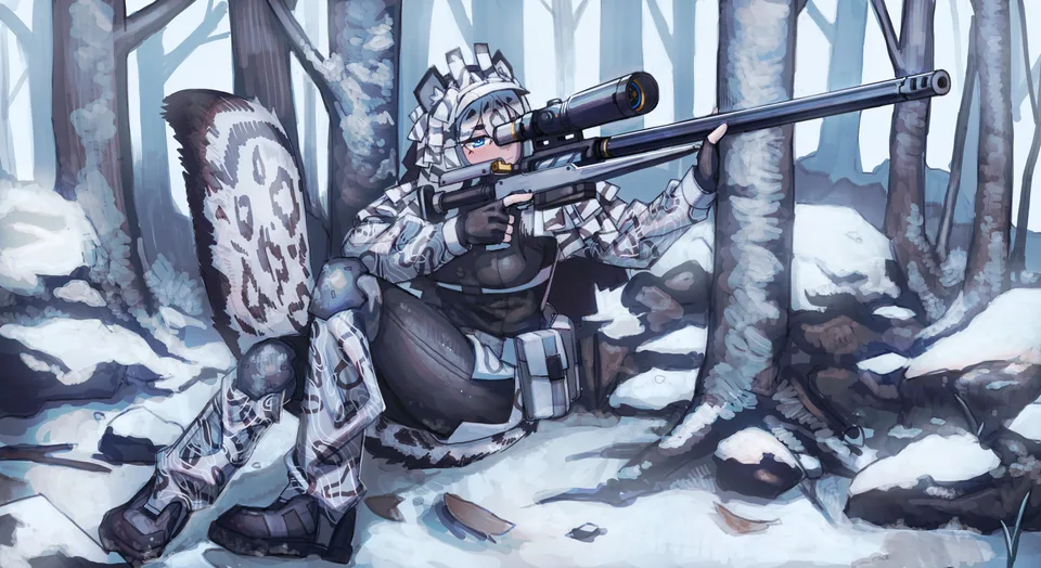 girls with guns · sniper rifle · snow · anime girls
