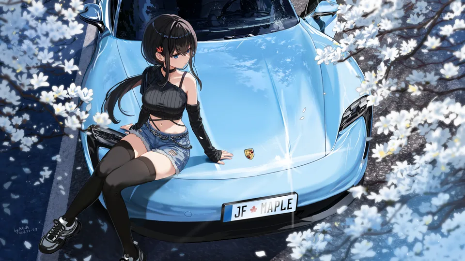anime girls · thigh-highs · women outdoors · sitting