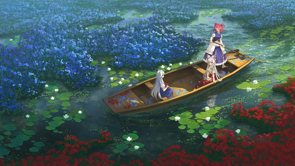Touhou · group of women · Fujiwara no Mokou · boat