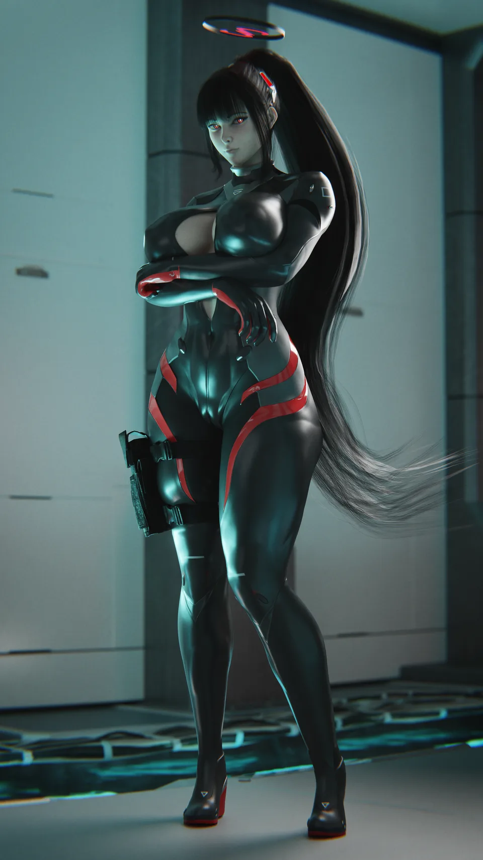 ninjin 3d (artist) · latex bodysuit · inner boob · red eyes