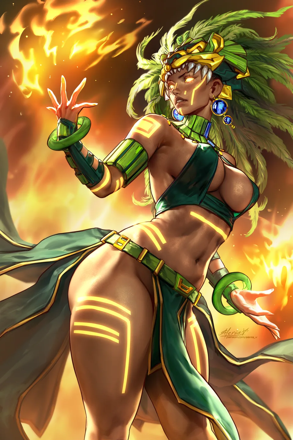 fantasy girl · fire · glowing eyes · cleavage