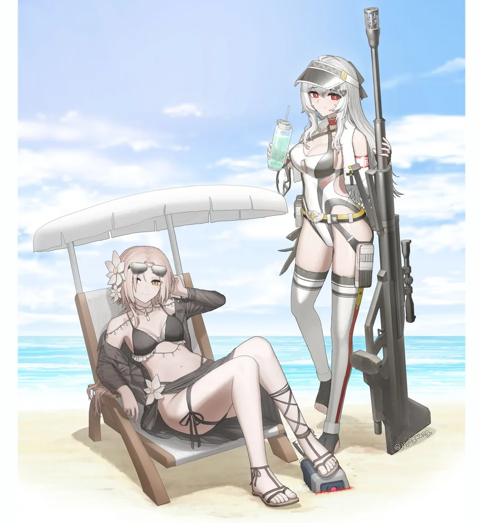 bikini · sandals · swimwear · sniper rifle