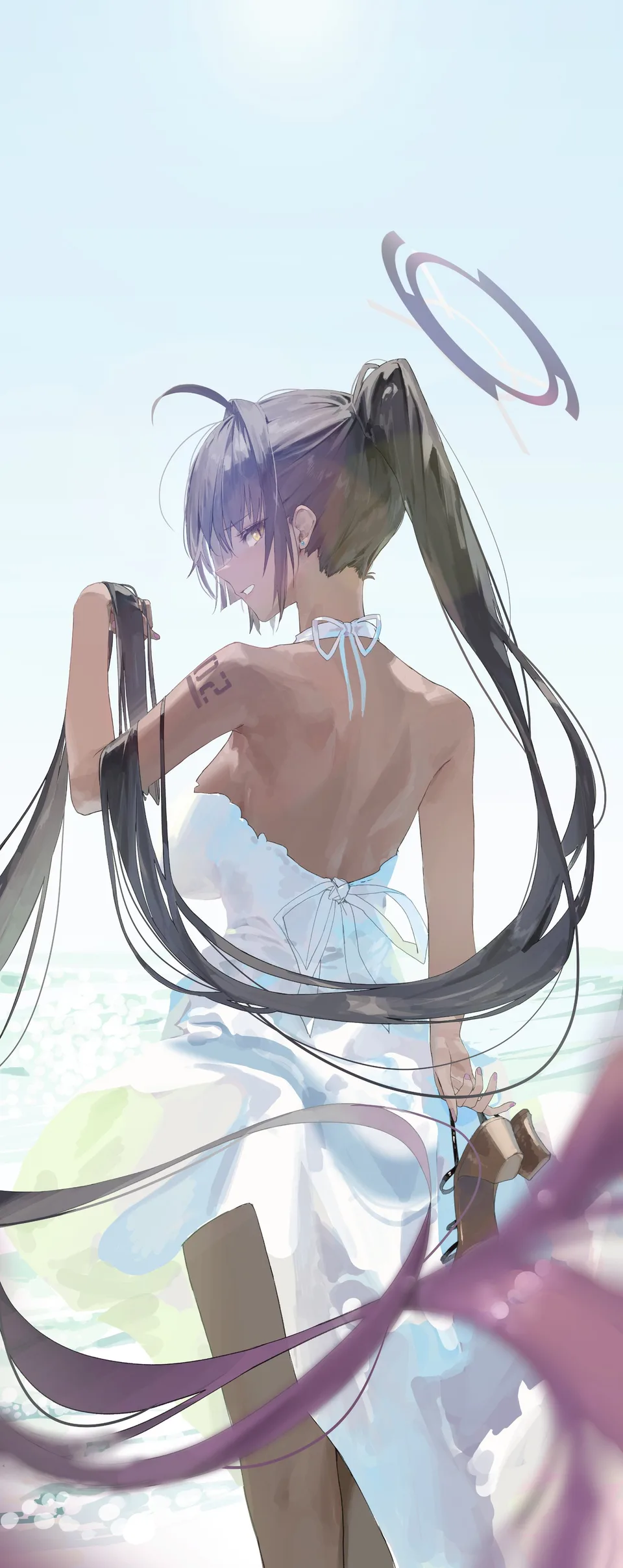 Kakudate Karin · Blue Archive · ponytail · looking over shoulder