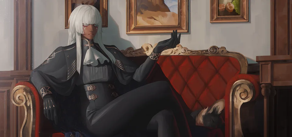 Brigitta (Metaphor Refantazio) · sitting · white hair · dark skin