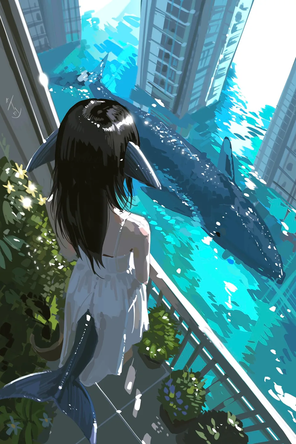 illustration · artwork · female character · shark tail