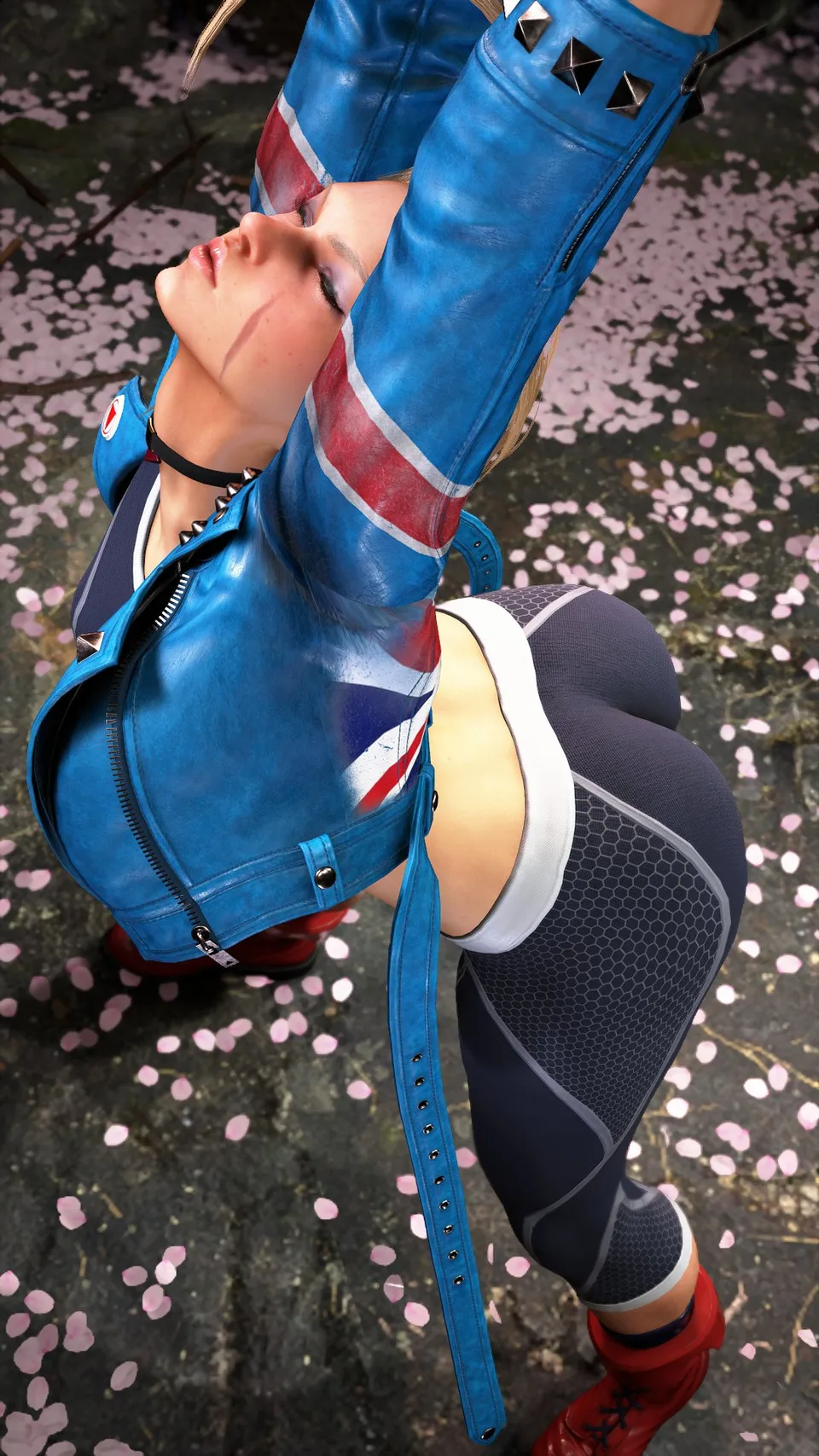 ass · stretching · open jacket · blue jacket