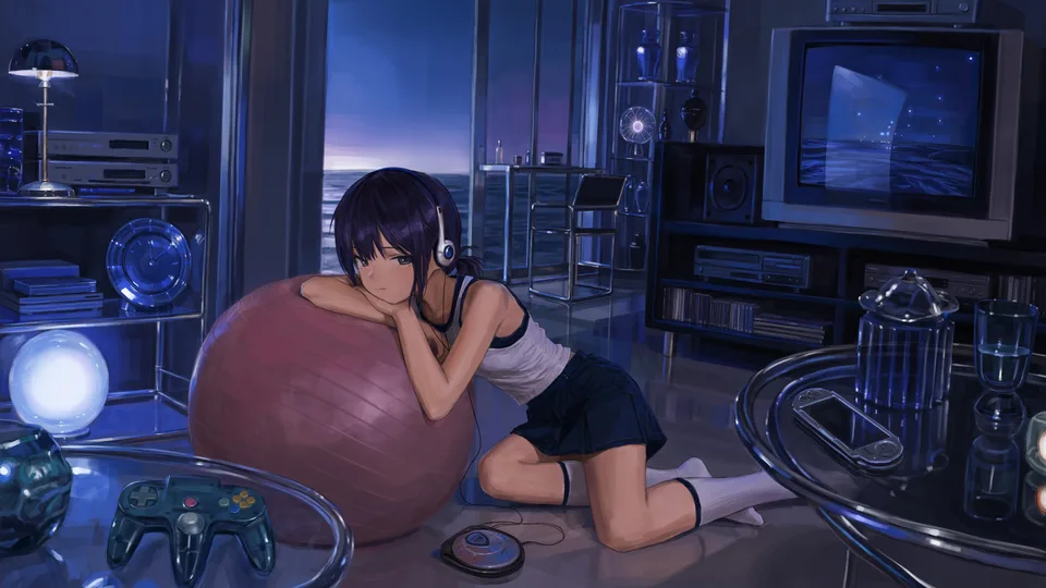 anime girls · headphones · purple hair · short hair