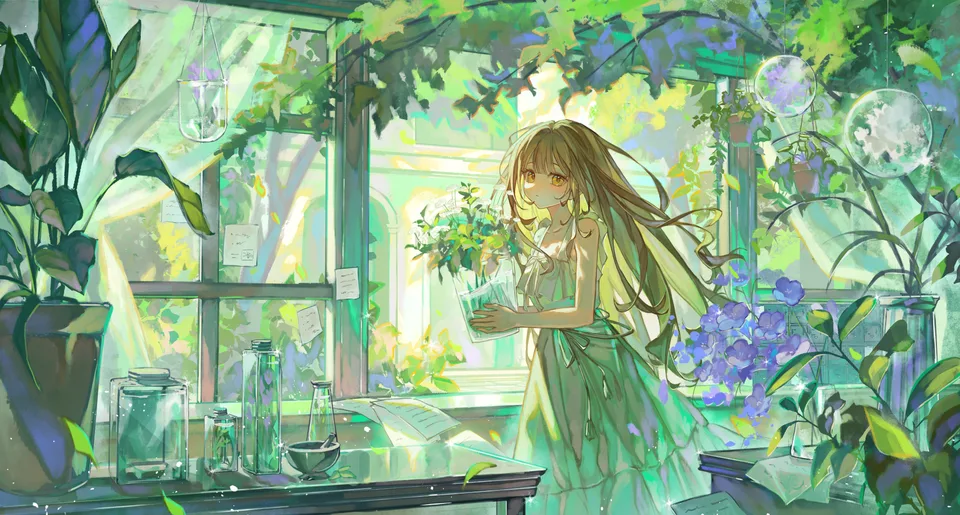 anime girls · yellow eyes · looking at viewer · plants