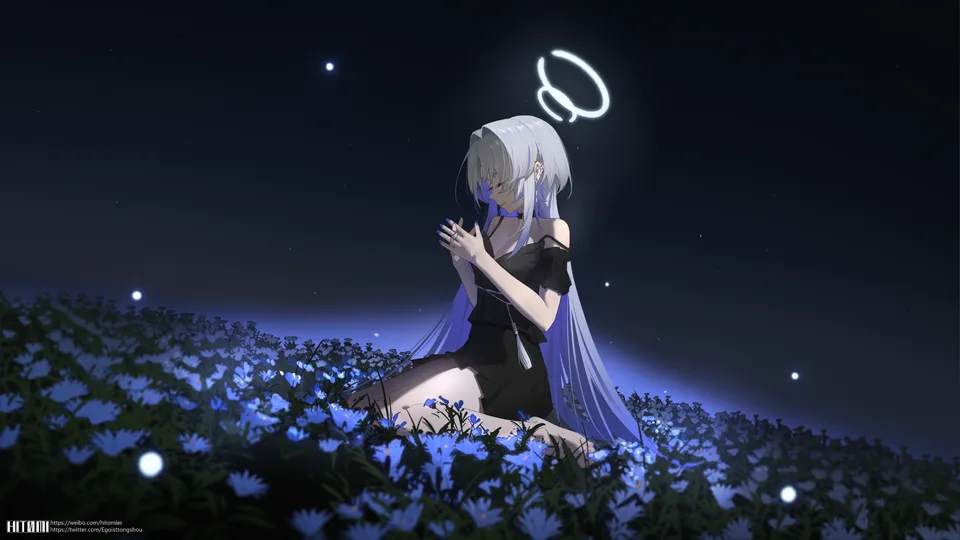 anime girls · angel wings · flowers · blue flowers