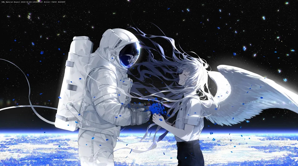 anime boys · astronaut · floating hair · blue flowers