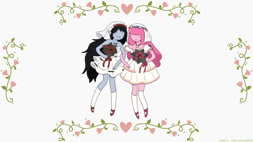Marceline the Vampire Queen · Princess Bubblegum · wedding attire · cartoon