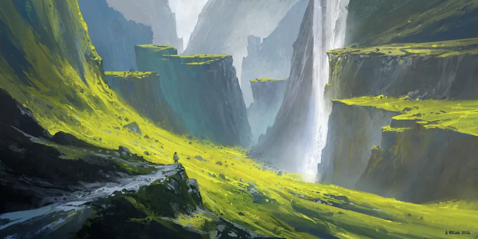 Andreas Rocha · ArtStation · plants · waterfall