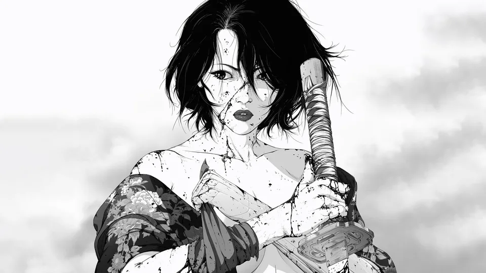 katana · monochrome · women with swords · simple background