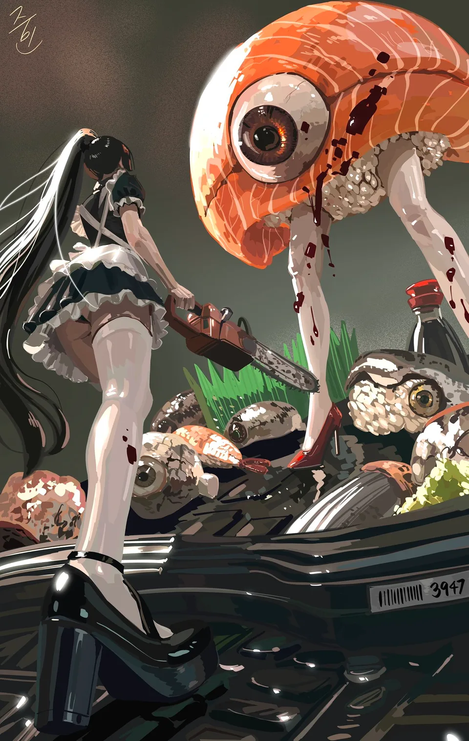 artwork · female character · thigh high socks · heels