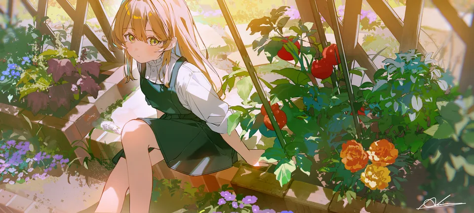 anime girls · rolled sleeves · hair between eyes · flowers