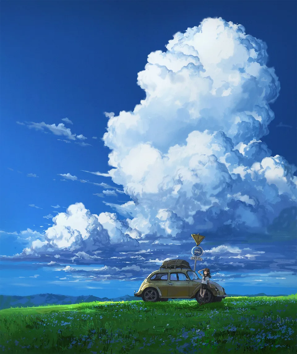 anime girls · yellow cars · portrait display · cumulus