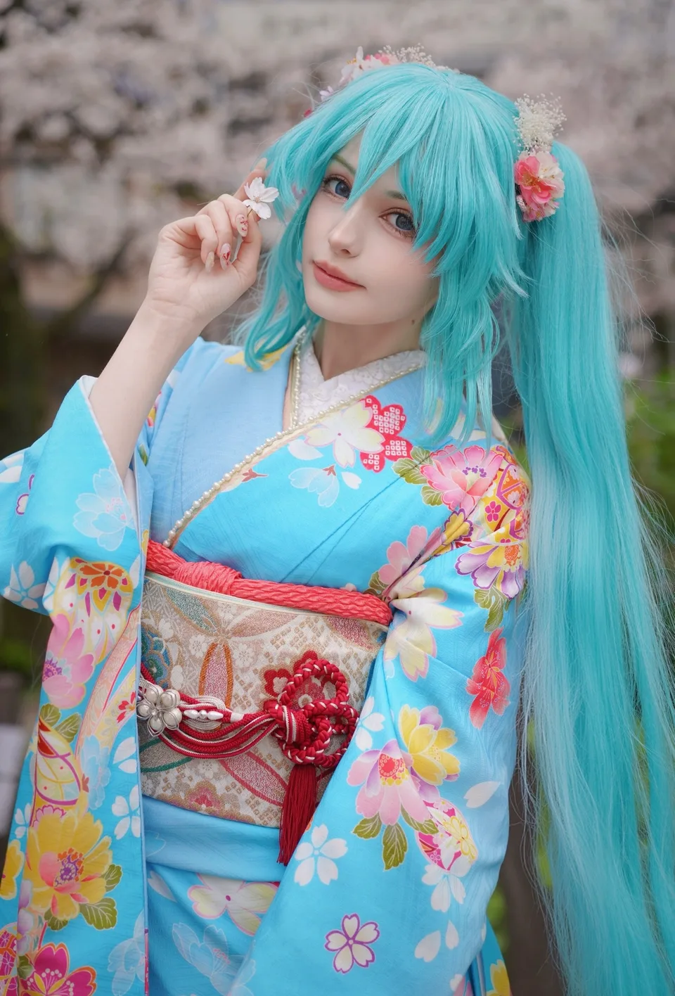 Karina Salakhutdinova · blue hair · flower dress · looking at viewer