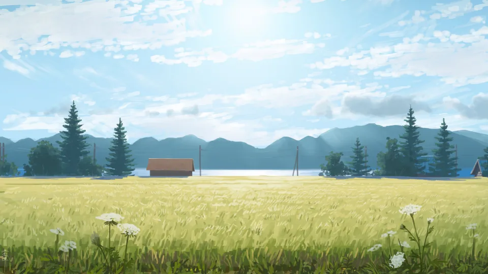 tatenosettan · field · cottage · pine trees