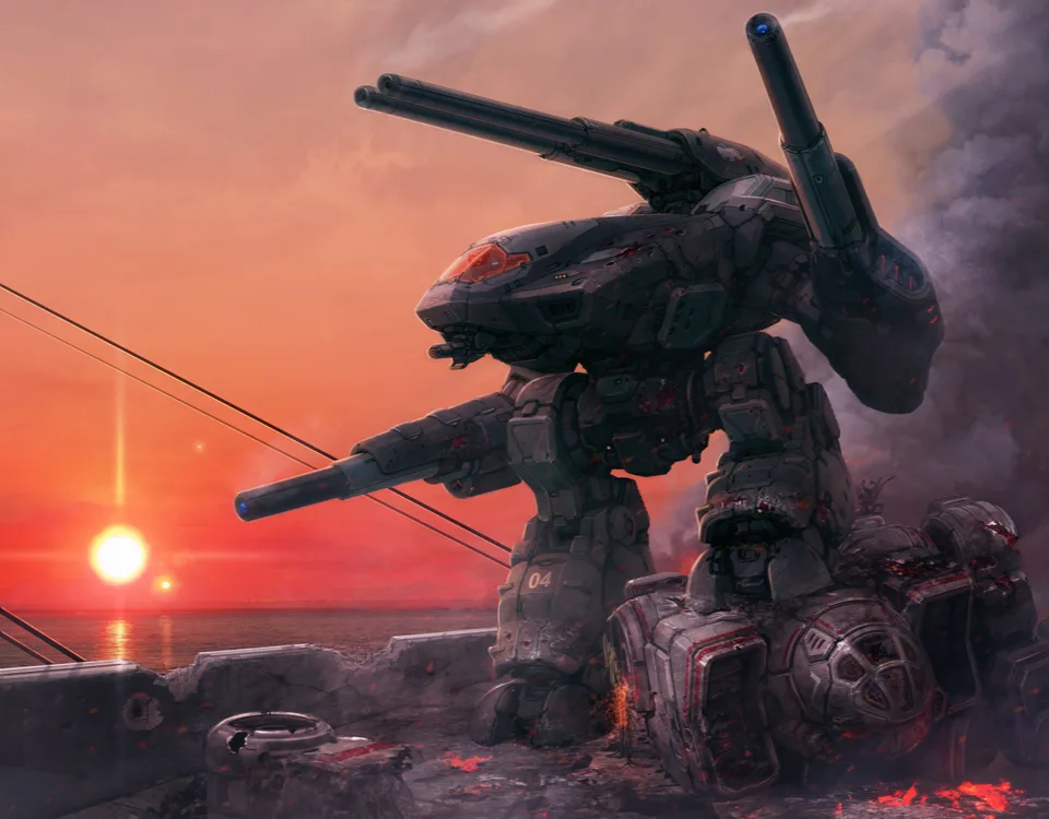 Battletech · mechs · wreckage · sunset