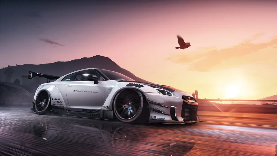 Mikhail Sharov · sunset · race cars · wet street