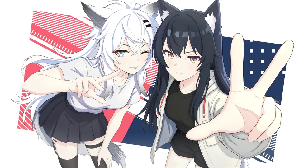 Lappland (Arknights) · Texas (Arknights) · smiling · simple background