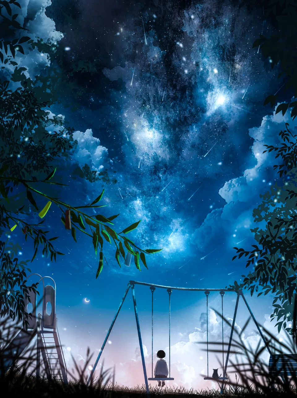anime girls · meteor streak · women outdoors · scenery