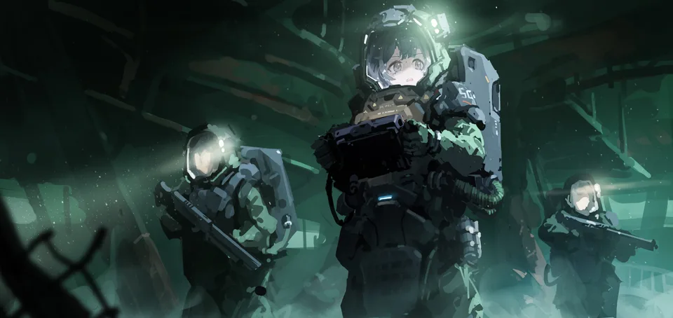 spacesuit · short hair · rifles · Cupoi