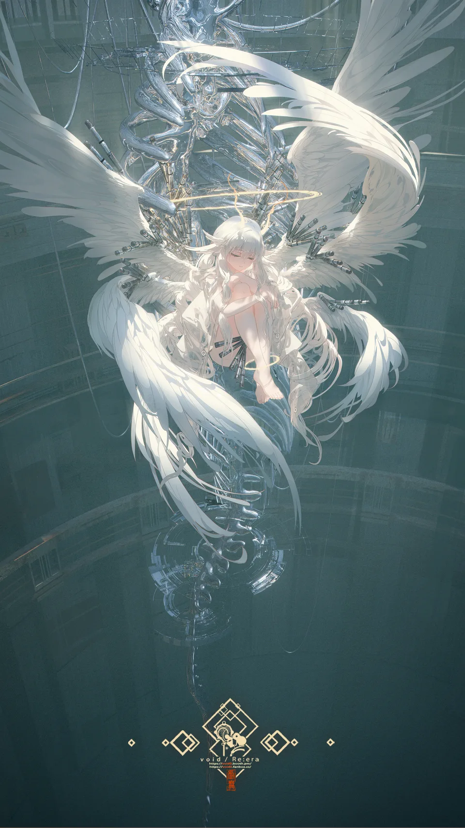 anime girls · white wings · portrait display · long hair