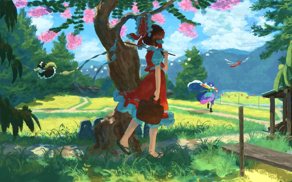 Hakurei Reimu · Touhou · sky · Kirisame Marisa